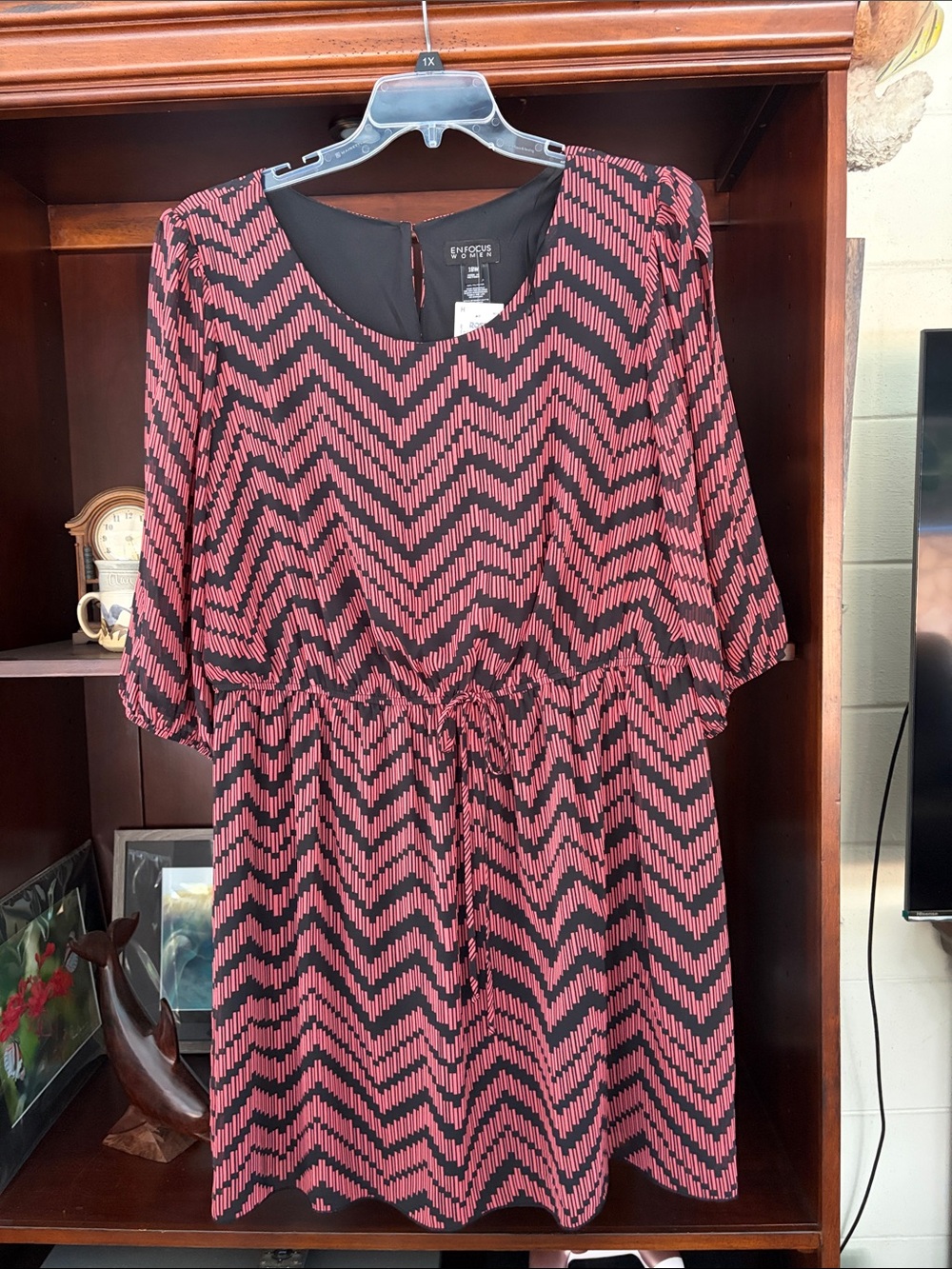 Enfocus Studio Pink and Black Chevron Drawstring Midi Dress